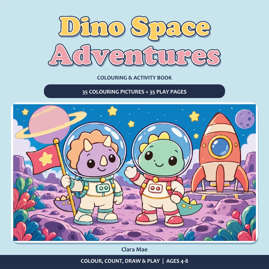 Dino Space Adventures cover with friendly dinosaurs in space suits beside a rocket.